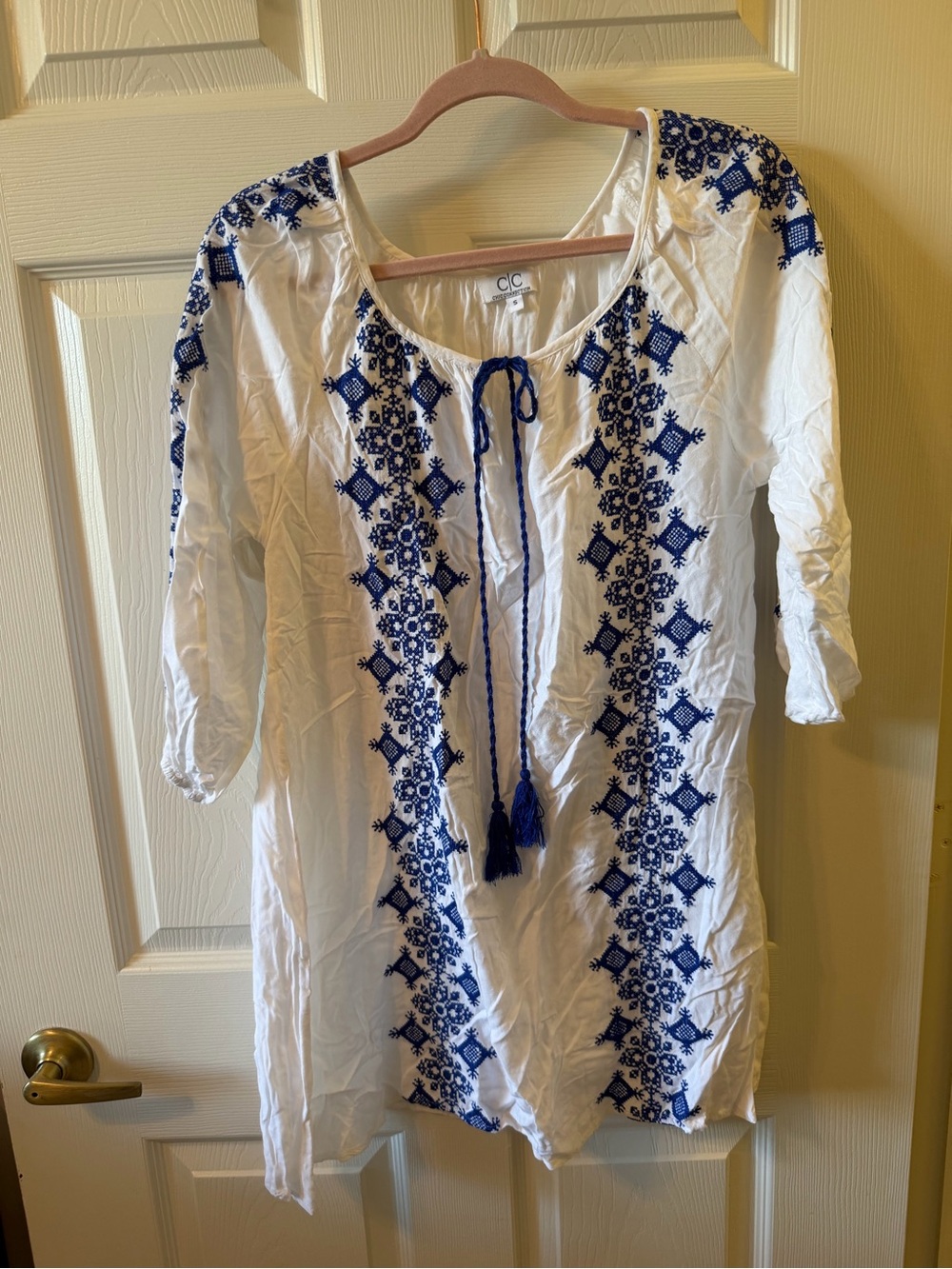 C&C California White Mini Dress with Blue Embroidered Panels